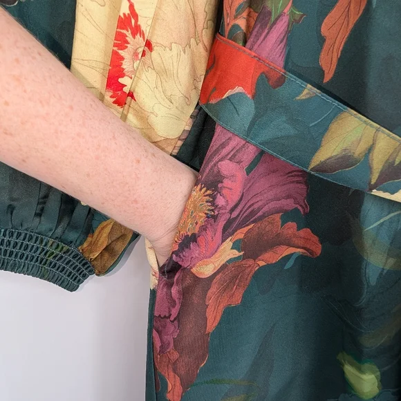 NWT Maeve Mona Silky Maxi Shirt Dress | L Petite | Teal Floral Multicolor Spring - Picture 7 of 15